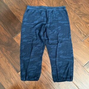 Blue Camouflage Jogger Pants. About below knee lengths.